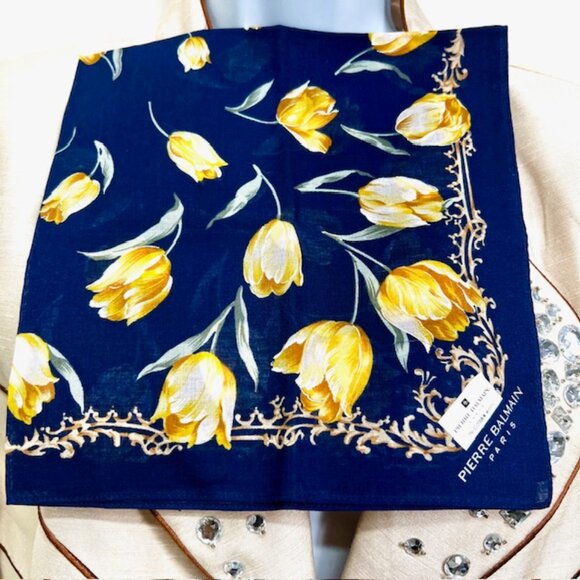 New Pierre Balmain MiniScarf/Handkerchief Cotton 18 blue green yellow floral(80 - Picture 2 of 5